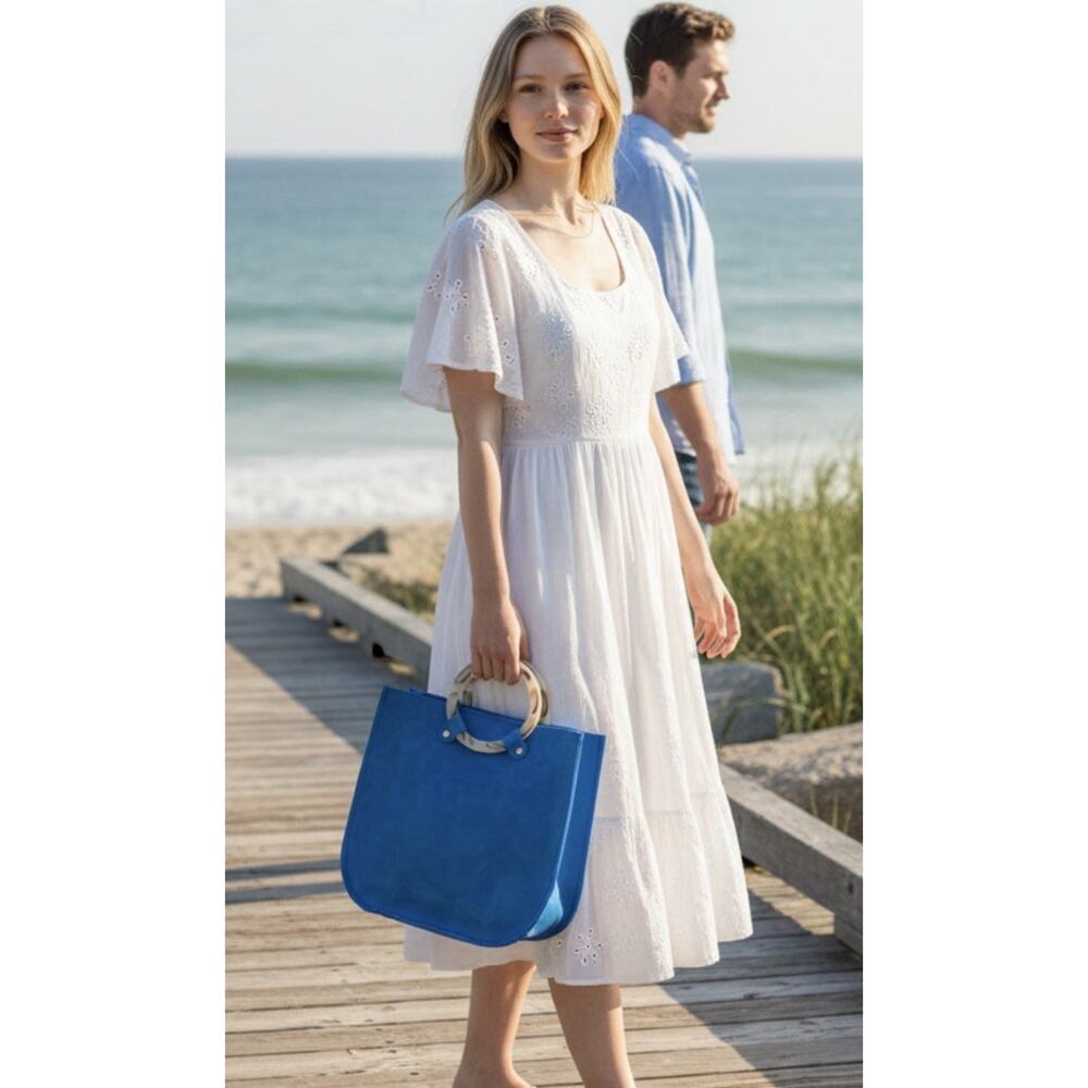 Designed for Joy Leather Handbag With Circle Handles, Baltic Blue, Medium